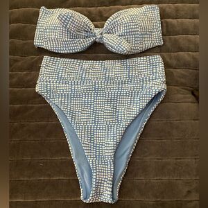 Blue and White Polkadot High Waisted Bikini Set